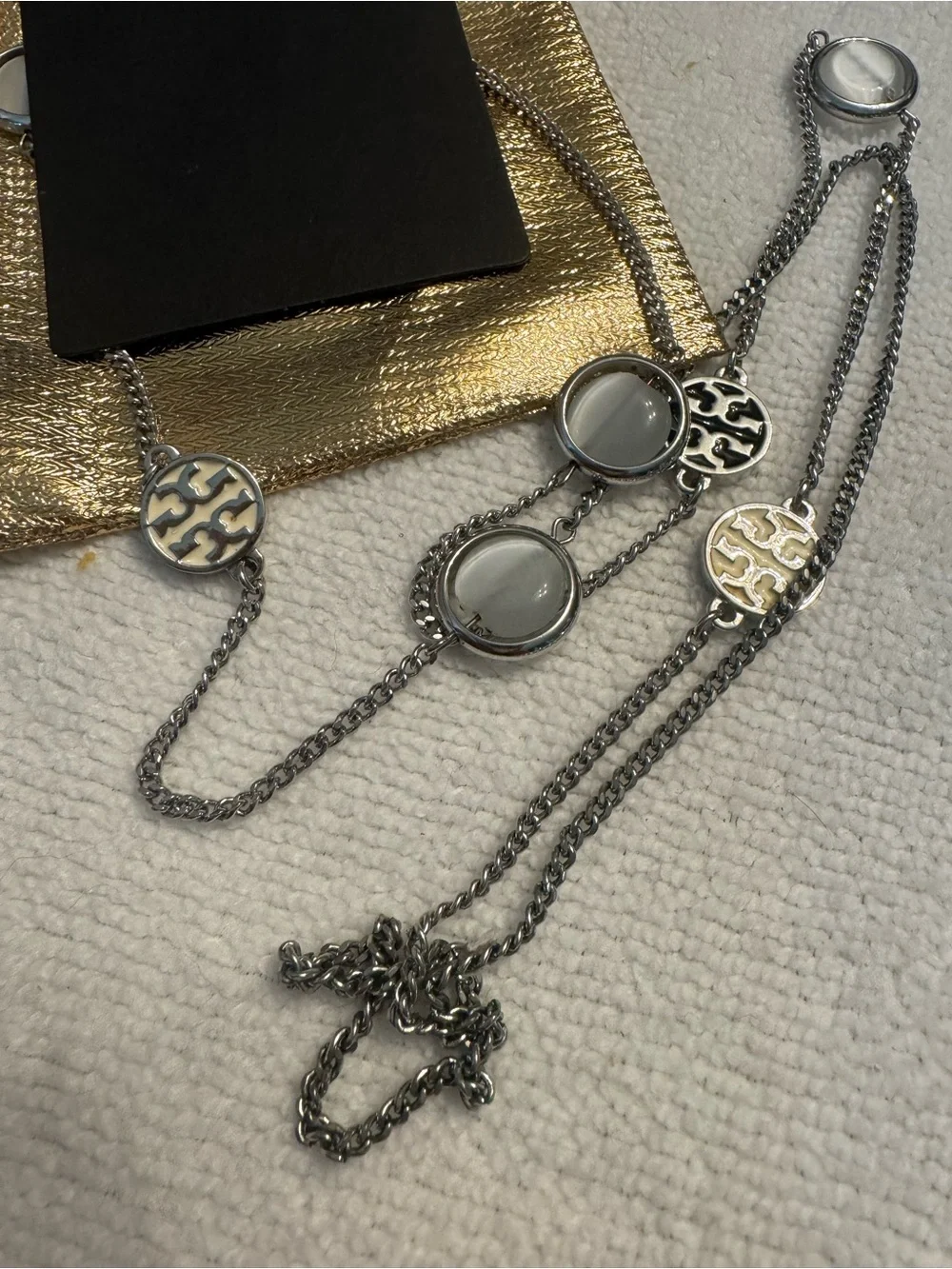 Tory Burch Silver-Tone Logo & Mother-of-Pearl Station Necklace